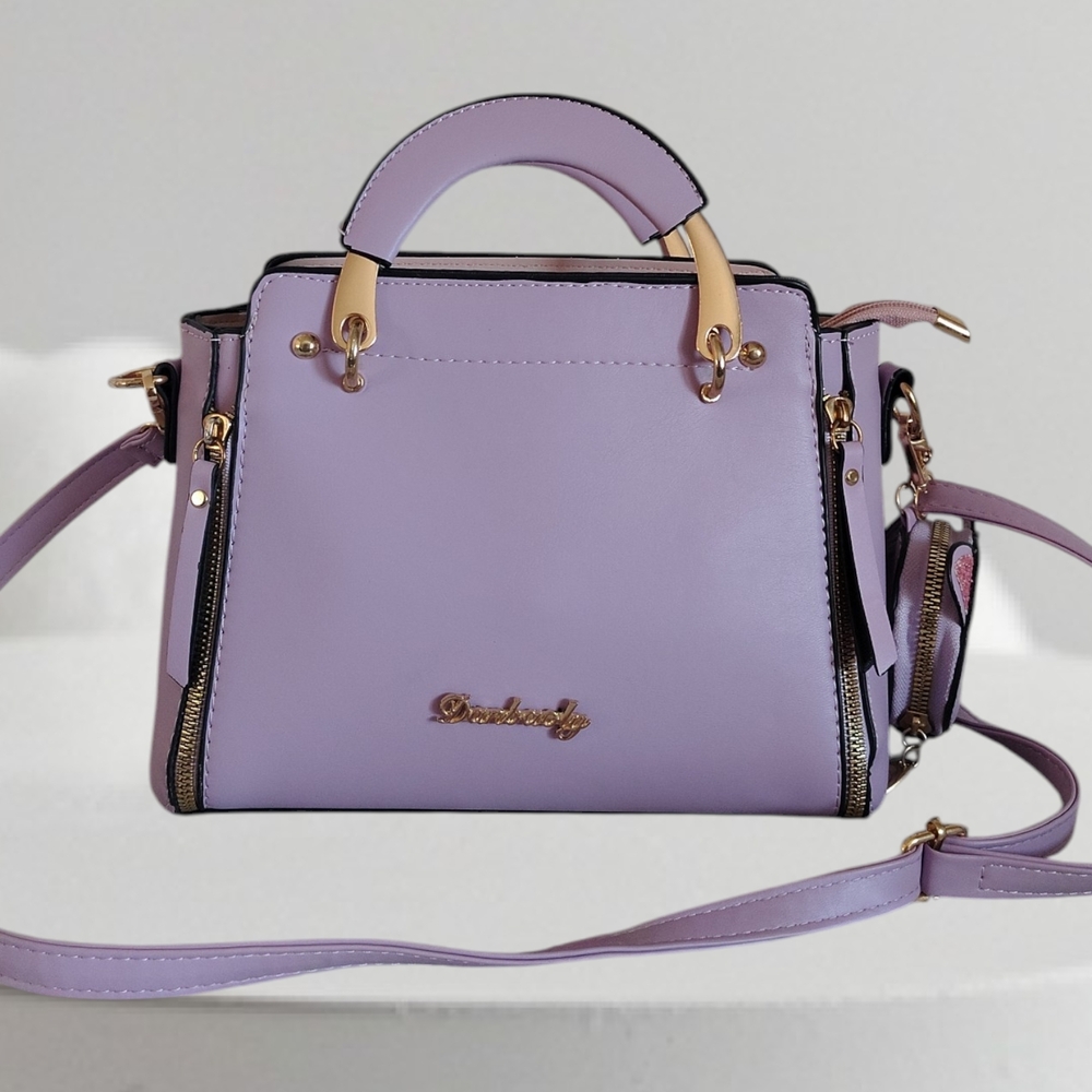 Danaoly Purple Satchel Bag with Gold Details And Kitten Change Pouch Womens